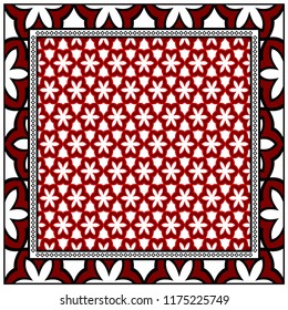 Design print for kerchief. The pattern of geometric floral ornament. Vector illustration. The idea for design prints for neck scarves, carpets, bandanas.