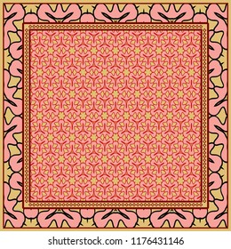 Design print for kerchief. The pattern of geometric floral ornament. Vector illustration. The idea for design prints for neck scarves, carpets, bandanas.