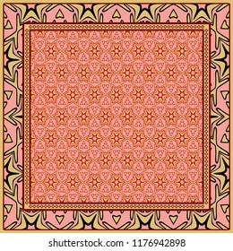 Design print for kerchief. The pattern of geometric floral ornament. Vector illustration. The idea for design prints for neck scarves, carpets, bandanas.
