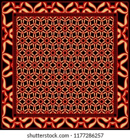 Design print for kerchief. The pattern of geometric floral ornament. Vector illustration. The idea for design prints for neck scarves, carpets, bandanas.