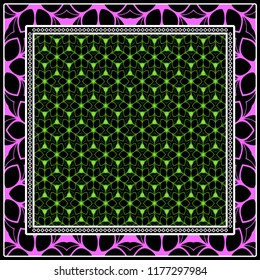 Design print for kerchief. The pattern of geometric floral ornament. Vector illustration. The idea for design prints for neck scarves, carpets, bandanas.