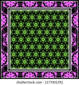Design print for kerchief. The pattern of geometric floral ornament. Vector illustration. The idea for design prints for neck scarves, carpets, bandanas.