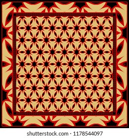Design print for kerchief. The pattern of geometric floral ornament. Vector illustration. The idea for design prints for neck scarves, carpets, bandanas.