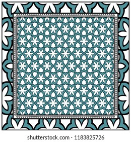 Design print for kerchief. The pattern of geometric floral ornament. Vector illustration. The idea for design prints for neck scarves, carpets, bandanas.