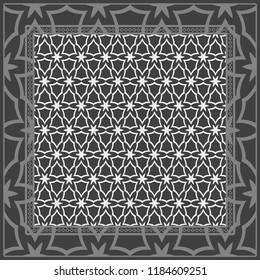 Design print for kerchief. The pattern of geometric floral ornament. Vector illustration. The idea for design prints for neck scarves, carpets, bandanas