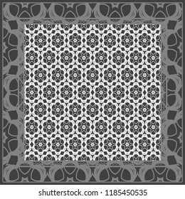 Design print for kerchief. The pattern of geometric floral ornament. Vector illustration. The idea for design prints for neck scarves, carpets, bandanas
