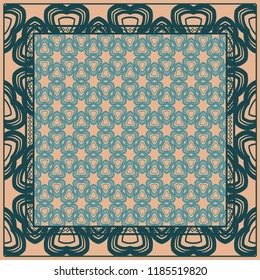 Design print for kerchief. The pattern of geometric floral ornament. Vector illustration. The idea for design prints for neck scarves, carpets, bandanas