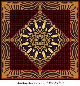 Design print for kerchief. The pattern of geometric floral ornament. Vector illustration. The idea for design prints for neck scarves, carpets, bandana