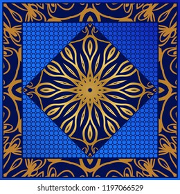 Design print for kerchief. The pattern of geometric floral ornament. Vector illustration. The idea for design prints for neck scarves, carpets, bandana