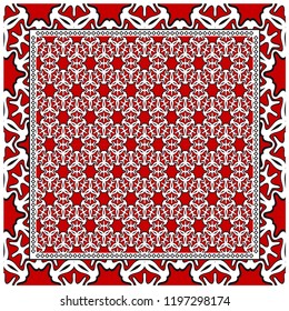 Design print for kerchief. The pattern of geometric floral ornament. Vector illustration. The idea for design prints for neck scarves, carpets, bandanas.