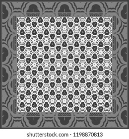 Design print for kerchief. The pattern of geometric floral ornament. Vector illustration. The idea for design prints for neck scarves, carpets, bandanas