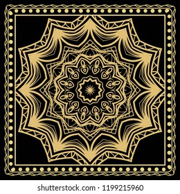 Design print for kerchief. The pattern of geometric floral ornament. Vector illustration. The idea for design prints for neck scarves, carpets, bandana