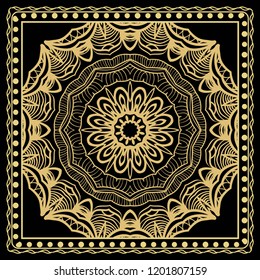 Design print for kerchief. The pattern of geometric floral ornament. Vector illustration. The idea for design prints for neck scarves, carpets, bandana