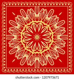 Design print for kerchief. The pattern of geometric floral ornament. Vector illustration. The idea for design prints for neck scarves, carpets, bandana