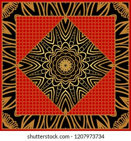 Design print for kerchief. The pattern of geometric floral ornament. Vector illustration. The idea for design prints for neck scarves, carpets, bandana