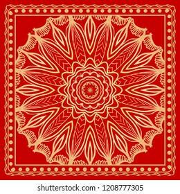 Design print for kerchief. The pattern of geometric floral ornament. Vector illustration. The idea for design prints for neck scarves, carpets, bandana
