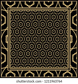 Design print for kerchief. The pattern of geometric floral ornament. Vector illustration. The idea for design prints for neck scarves, carpets, bandanas.