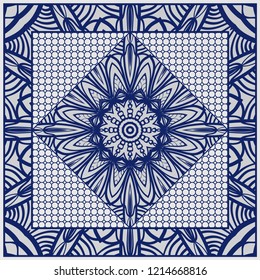Design print for kerchief. The pattern of geometric floral ornament. Vector illustration. The idea for design prints for neck scarves, carpets, bandana