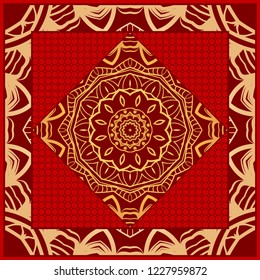 Design print for kerchief. The pattern of geometric floral ornament. Vector illustration. The idea for design prints for neck scarves, carpets, bandana