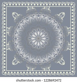Design print for kerchief. The pattern of geometric floral ornament. Vector illustration. The idea for design prints for neck scarves, carpets, bandana