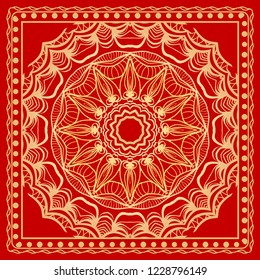 Design print for kerchief. The pattern of geometric floral ornament. Vector illustration. The idea for design prints for neck scarves, carpets, bandana
