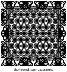 Design print for kerchief. The pattern of geometric floral ornament. Vector illustration. The idea for design prints for neck scarves, carpets, bandanas