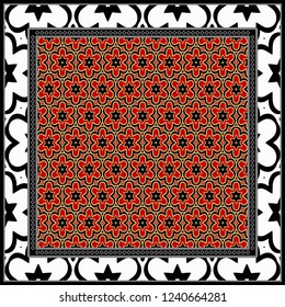 Design print for kerchief. The pattern of geometric floral ornament. Vector illustration. The idea for design prints for neck scarves, carpets, bandanas.