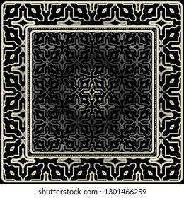 Design Print For Kerchief. The Pattern Of Geometric Ornament. Vector Illustration. The Idea For Design Prints For Neck Scarves, Carpets, Bandanas. Black silver color.