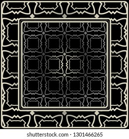 Design Print For Kerchief. The Pattern Of Geometric Ornament. Vector Illustration. The Idea For Design Prints For Neck Scarves, Carpets, Bandanas. Black silver color.
