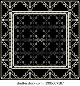 Design Print For Kerchief. The Pattern Of Geometric Ornament. Vector Illustration. The Idea For Design Prints For Neck Scarves, Carpets, Bandanas. Black silver color.