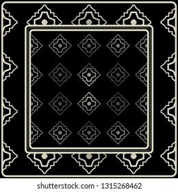 Design Print For Kerchief. The Pattern Of Geometric Ornament. Vector Illustration. The Idea For Design Prints For Neck Scarves, Carpets, Bandanas. Black silver color.