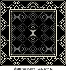 Design Print For Kerchief. The Pattern Of Geometric Ornament. Vector Illustration. The Idea For Design Prints For Neck Scarves, Carpets, Bandanas. Black silver color.