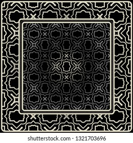 Design Print For Kerchief. The Pattern Of Geometric Ornament. Vector Illustration. The Idea For Design Prints For Neck Scarves, Carpets, Bandanas. Black silver color.