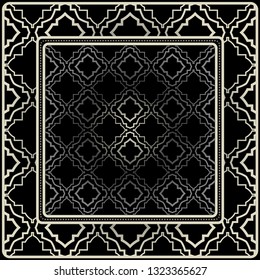 Design Print For Kerchief. The Pattern Of Geometric Ornament. Vector Illustration. The Idea For Design Prints For Neck Scarves, Carpets, Bandanas. Black silver color.
