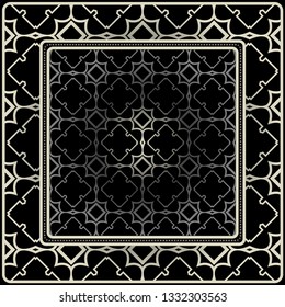 Design Print For Kerchief. The Pattern Of Geometric Ornament. Vector Illustration. The Idea For Design Prints For Neck Scarves, Carpets, Bandanas. Black silver color.