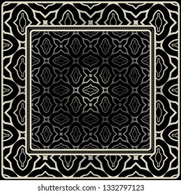 Design Print For Kerchief. The Pattern Of Geometric Ornament. Vector Illustration. The Idea For Design Prints For Neck Scarves, Carpets, Bandanas. Black silver color.