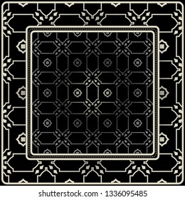 Design Print For Kerchief. The Pattern Of Geometric Ornament. Vector Illustration. The Idea For Design Prints For Neck Scarves, Carpets, Bandanas. Black silver color.