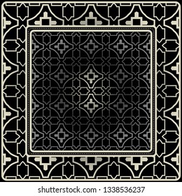 Design Print For Kerchief. The Pattern Of Geometric Ornament. Vector Illustration. The Idea For Design Prints For Neck Scarves, Carpets, Bandanas. Black silver color.
