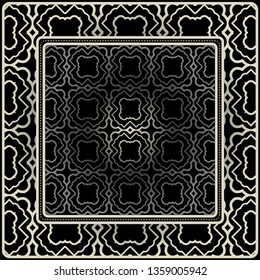 Design Print For Kerchief. The Pattern Of Geometric Ornament. Vector Illustration. The Idea For Design Prints For Neck Scarves, Carpets, Bandanas. Black silver color.