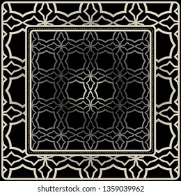 Design Print For Kerchief. The Pattern Of Geometric Ornament. Vector Illustration. The Idea For Design Prints For Neck Scarves, Carpets, Bandanas. Black silver color.