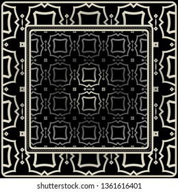Design Print For Kerchief. The Pattern Of Geometric Ornament. Vector Illustration. The Idea For Design Prints For Neck Scarves, Carpets, Bandanas. Black silver color.