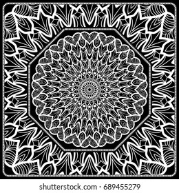 Design print for kerchief. The pattern of the mandala. Vector illustration. The idea for design prints for neck scarves, carpets, bandanas