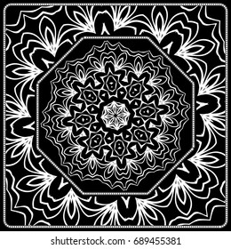 Design print for kerchief. The pattern of the mandala. Vector illustration. The idea for design prints for neck scarves, carpets, bandanas