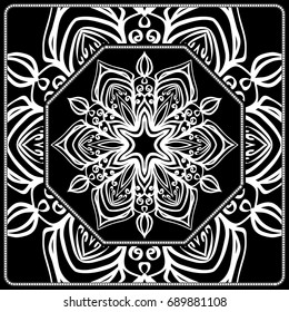 Design print for kerchief. The pattern of the mandala. Vector illustration. The idea for design prints for neck scarves, carpets, bandanas