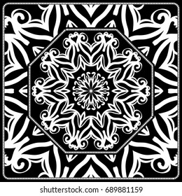 Design print for kerchief. The pattern of the mandala. Vector illustration. The idea for design prints for neck scarves, carpets, bandanas