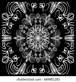 Design print for kerchief. The pattern of the mandala. Vector illustration. The idea for design prints for neck scarves, carpets, bandanas