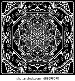 Design print for kerchief. The pattern of the mandala. Vector illustration. The idea for design prints for neck scarves, carpets, bandanas