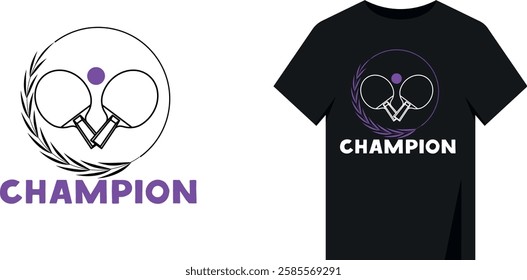 Design print on a T-shirt ping pong rackets. The inscription champion and a wreath