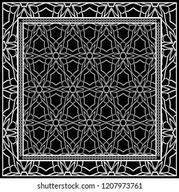 Design print. The pattern of geometric ornament. Vector illustration. The idea for design prints for neck scarves, carpets, bandanas.