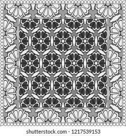 Design print. The pattern of geometric ornament. Vector illustration. The idea for design prints for neck scarves, carpets, bandanas.